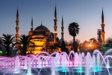 Fototapeta na wymiar Illuminated Sultan Ahmed Mosque Blue before sunrise, Is