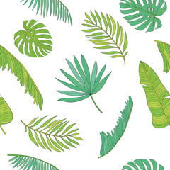 Tropical leaves various shapes seamless pattern background.