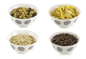 Bowls of various cereals isolated on white background