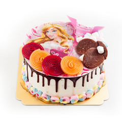 Sweet and colorful chocolate birthday cake with bright and vivid candy