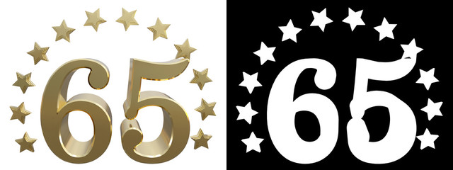 Gold number sixty five, decorated with a circle of stars. 3D illustration