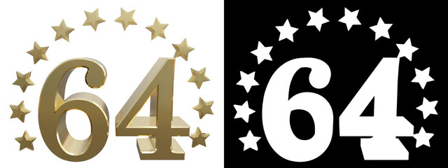 Gold number sixty four, decorated with a circle of stars. 3D illustration