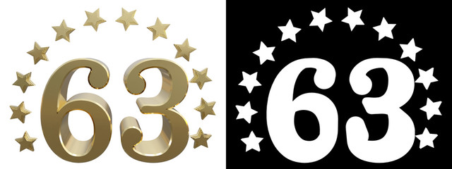 Gold number sixty three, decorated with a circle of stars. 3D illustration