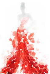 Kobieta w eleganckiej sukni, abstrakcyjna akwarela