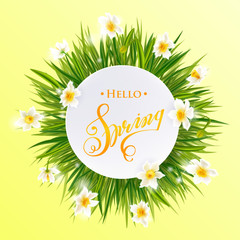 Advertisement about the spring sale on defocused background with beautiful white flowers. Vector illustration.