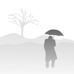 uomo con ombrello nella nebbia