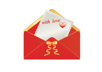 envelope red notice with the word love with a heart of gold bow isolated on a light background art vector element for design greeting card Banner