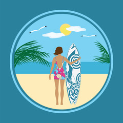 Travel poster surfer sea sun gull art creative modern vector illustration