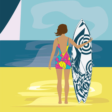 Woman surfer on the shore of the sea art creative modern vector illustration travel poster