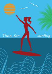 surfer girl on a surfboard sun wave palm branch flat style art creative modern vector illustration