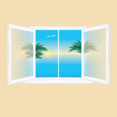 Window open inside glass transparent behind the window landscape sunrise sea palm tree gull reflection in glass isolated on white background art creative vector element for design