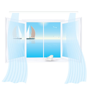 Open window outside the sea landscape reflection in the glass curtains on the window sill shell isolated on a white background art creative vector element for design