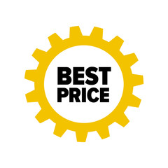Yellow cartoon gear with words 'Best Price' isolated on white background. Discount tag for industrial companies, car shops. Cogwheel label for parts stores. Vector design element
