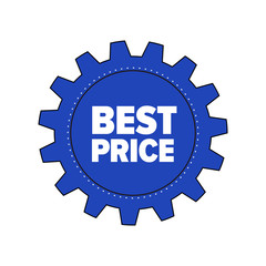 Blue cartoon gear with words 'Best Price' isolated on white background. Discount tag for industrial companies, car shops. Cogwheel label for parts stores. Vector design element