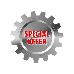Metal gear with words 'Special Offer' isolated on white background. Steel cogwheel. Discount tag for industrial companies, car shops. Label for parts store. Vector design element with silver gradient