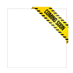 Yellow caution tape with words 'Coming Soon'. Corner label painted like danger ribbon. Product tag for online shops, car services, industrial and engineering companies. Isolated on white background