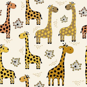 Seamless pattern with cute cartoon giraffes