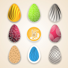 Vector collection of Easter eggs different patterns cut from paper on the gradient background and shadows.