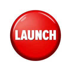 Glossy red round button with word 'Launch' on white background. Bright plastic circle. Realistic vector illustration