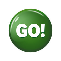 Glossy green round button with word 'Go!' on white background. Bright plastic circle calling for action. Realistic vector illustration.