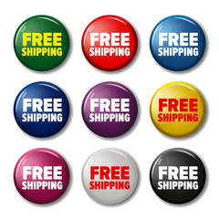 Set of colored round buttons with word 'Free Shipping'. Circle labels for new products in online shops. Design elements on white background with transparent shadow.
