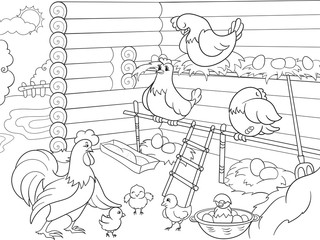Interior and life of birds in the chicken coop coloring for children cartoon vector illustration © toricheks
