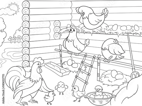 "Interior and life of birds in the chicken coop coloring for children ...