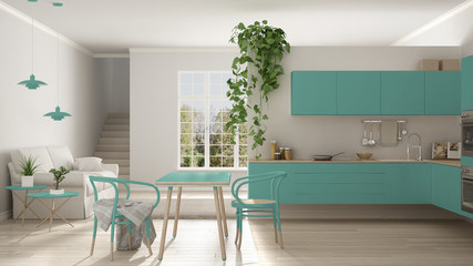 Scandinavian turquoise minimalist living with kitchen, open space, one room apartment, modern interior design