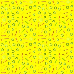 Geometric seamless pattern in Memphis style. Abstract hipster pattern with lines, squares, triangles and circles. Vector background Illustration