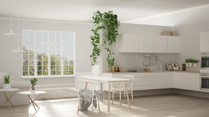 Fototapeta na wymiar Scandinavian white minimalist living with kitchen, open space, one room apartment, modern interior design