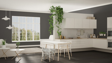 Scandinavian white minimalist living with kitchen, open space, one room apartment, modern interior design