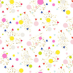 Confetti seamless white glitter vector background. Pink and yellow dots and triangles pattern on white.