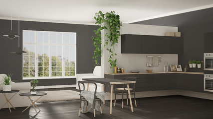 Fototapeta na wymiar Scandinavian gray minimalist living with kitchen, open space, one room apartment, modern interior design