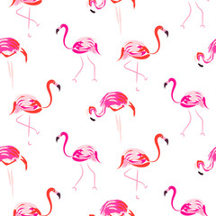 Fototapeta premium Hand drawn pink flamingo seamless pattern vector. Tropic birds on white with brush strokes and hand painted coral plumage decoration.