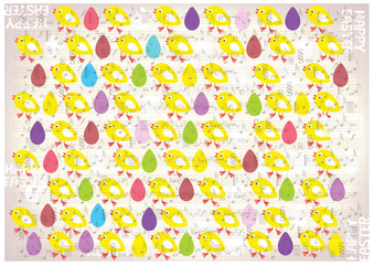 vintage vector easter background with yellow chickens and colored eggs on old music notes paper background