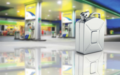 Gas canister on gas station background with with reflection 3d