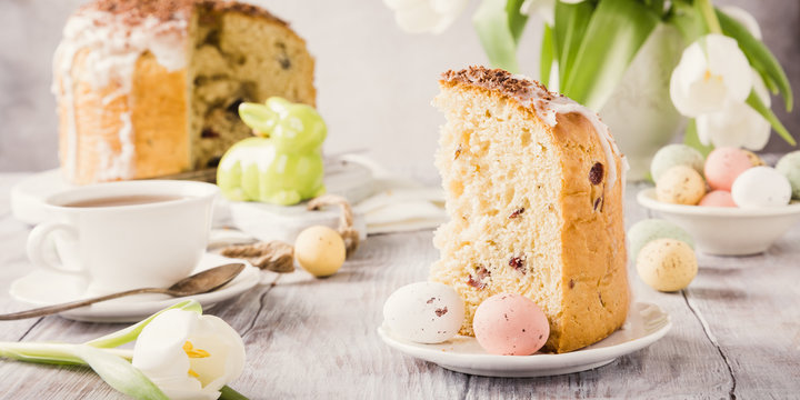 Slice Of Easter Orthodox Sweet Bread, Kulich End Quail Eggs. Holidays Breakfast. Retro Style Toned.