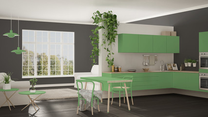 Scandinavian green minimalist living with kitchen, open space, one room apartment, modern interior design