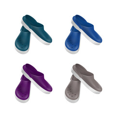 Vector Set of Colored Gray Blue Green Purple Medical Footwear Clogs Isolated on White Background