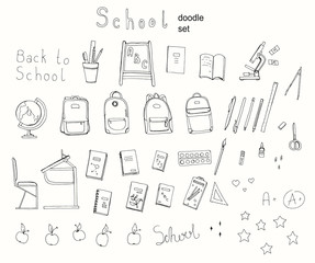 Hand drawn School doodle set illustration with lettering, School supplies, exercise book, microscope, globe , backpack, desk, Textbooks, apple vector