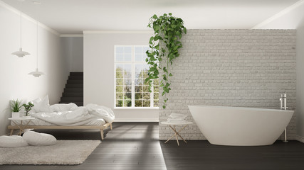 Scandinavian white minimalist bathroom and bedroom, open space, one room apartment, modern interior design