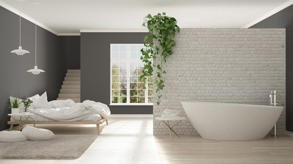 Fototapeta na wymiar Scandinavian white minimalist bathroom and bedroom, open space, one room apartment, modern interior design