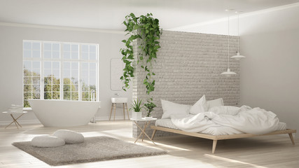 Scandinavian white minimalist bathroom and bedroom, open space, one room apartment, modern interior design