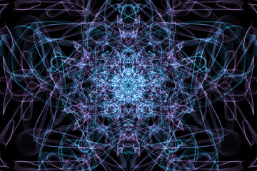 Symmetrical shapes and fractals. Abstract dark blue background.