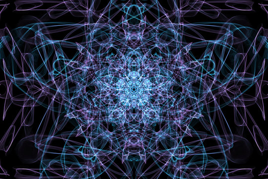 Symmetrical shapes and fractals. Abstract dark blue background.