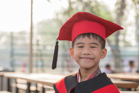 Asian Boy Red Graduation Gown