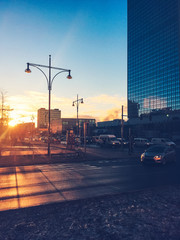 Street scene at Alexanderplatz in berlin with beautiful warm sunlight