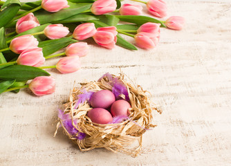 Fototapeta na wymiar Easter eggs in nest, fresh pink tulips on white wooden background.