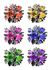 Set. Color bouquet of wildflowers (lilia, bellflower, barberry flower and cornflowers)  using traditional Ukrainian embroidery elements. Can be used as pixel-art.