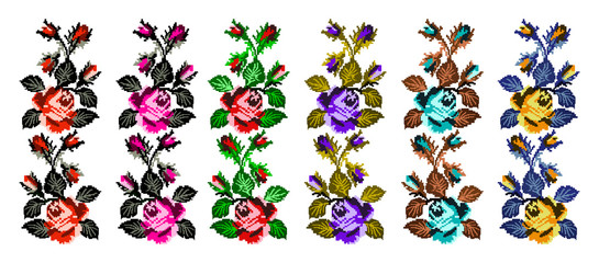 Set. Color image of flowers (roses) using traditional Ukrainian embroidery elements. Can be used as pixel art.